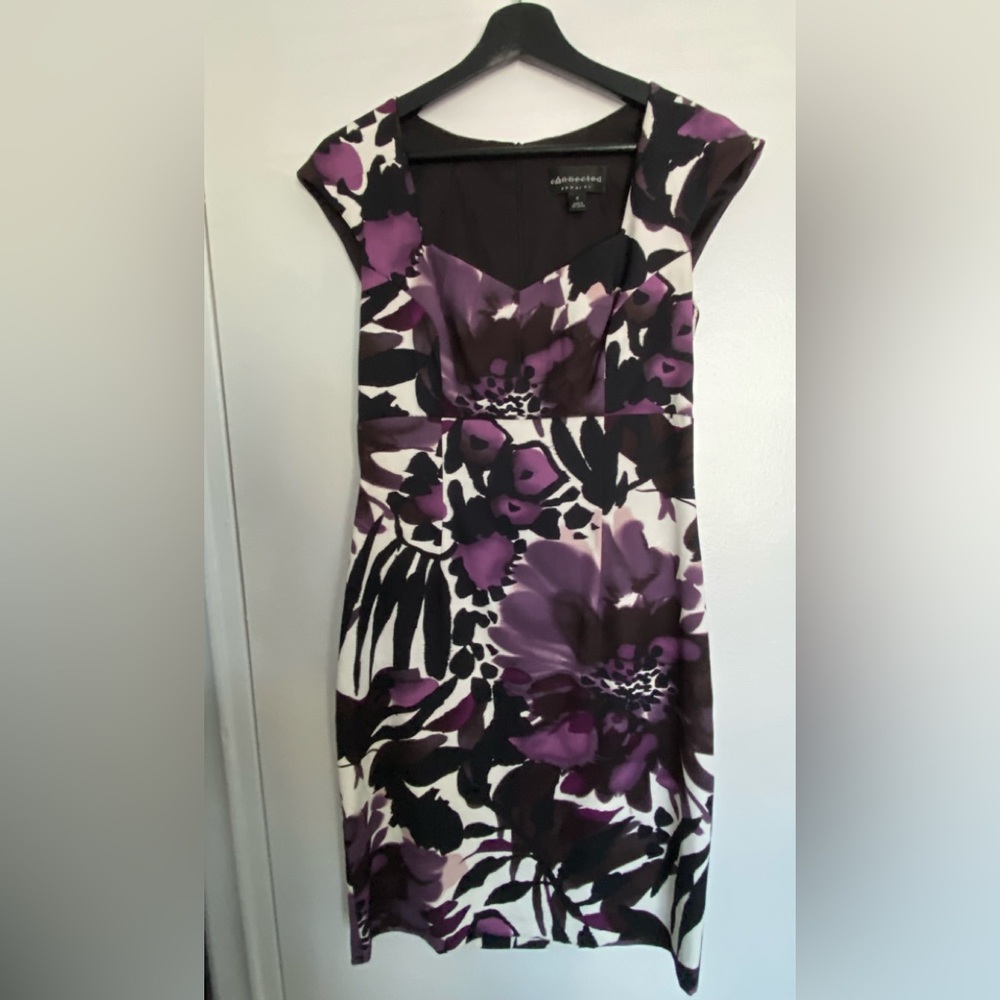 Evan Picone Purple and Black Floral Cap Sleeve Sheath Dress